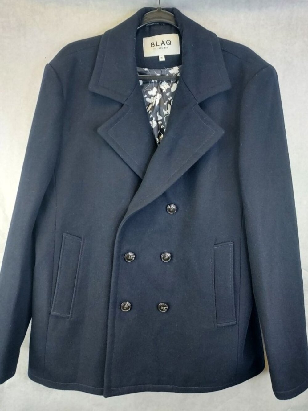 BLAQ Melbourne Wool Pea Coat Men XL Black Double Breasted Pockets Lined Nautical